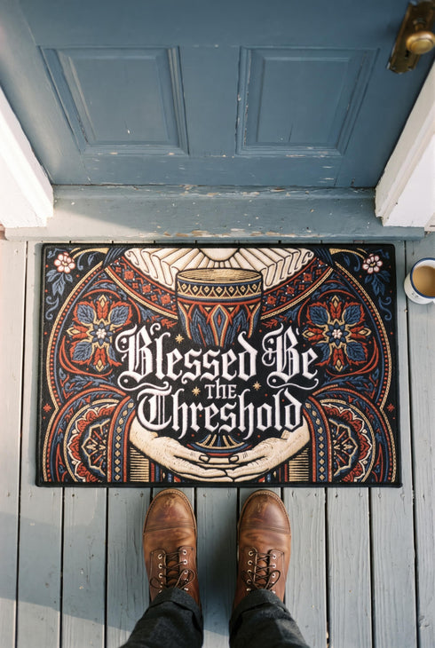 Rectangular navy doormat with a low loop polyester pile and black border trim, printed flat to imitate hand embroidery and crewelwork. Two pale hands offer a golden chalice at the center, with white rays streaming from the cup. Ornate white lettering across the design reads BLESSED BE THE THRESHOLD. Rust red and antique gold Arts and Crafts botanical arches frame the scene, curving over and around the chalice against the deep navy ground.