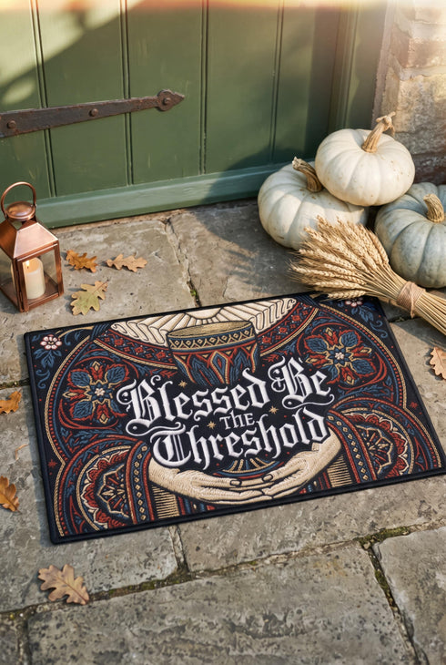 Rectangular navy doormat with a low loop polyester pile and black border trim, printed flat to imitate hand embroidery and crewelwork. Two pale hands offer a golden chalice at the center, with white rays streaming from the cup. Ornate white lettering across the design reads BLESSED BE THE THRESHOLD. Rust red and antique gold Arts and Crafts botanical arches frame the scene, curving over and around the chalice against the deep navy ground.