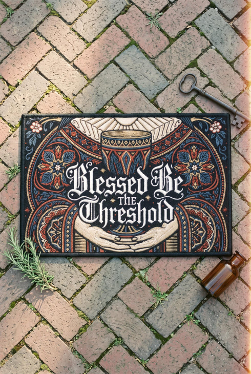 Rectangular navy doormat with a low loop polyester pile and black border trim, printed flat to imitate hand embroidery and crewelwork. Two pale hands offer a golden chalice at the center, with white rays streaming from the cup. Ornate white lettering across the design reads BLESSED BE THE THRESHOLD. Rust red and antique gold Arts and Crafts botanical arches frame the scene, curving over and around the chalice against the deep navy ground.