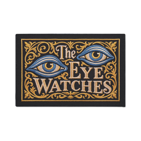 Rectangular black doormat with a low loop polyester pile and black edge trim framed by a thin gold rule, printed flat to imitate raised embroidery. Two almond shaped eyes with layered blue lids, cream whites, and blue irises ringed in gold gaze outward. Cream serif lettering with gold inlines reads THE EYE WATCHES. Gold scrollwork fills each corner, and a small gilded bird with outstretched wings sits at the bottom center.