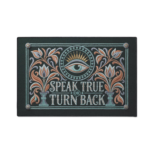 Rectangular doormat with a deep evergreen ground, low loop polyester pile, and black edge trim, printed flat edge to edge to imitate raised embroidery. A central eye with a lavender lid, coral outline, and seafoam iris sits inside a beaded circle under gold sunburst rays. Coral, lavender, and cream folk art tulips rise from seafoam urns on each side. Cream lettering with coral inlines reads SPEAK TRUE OR TURN BACK, framed by a seafoam rope border.