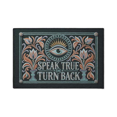 Rectangular doormat with a deep evergreen ground, low loop polyester pile, and black edge trim, printed flat edge to edge to imitate raised embroidery. A central eye with a lavender lid, coral outline, and seafoam iris sits inside a beaded circle under gold sunburst rays. Coral, lavender, and cream folk art tulips rise from seafoam urns on each side. Cream lettering with coral inlines reads SPEAK TRUE OR TURN BACK, framed by a seafoam rope border.