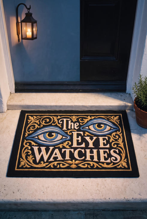 Rectangular black doormat with a low loop polyester pile and black edge trim framed by a thin gold rule, printed flat to imitate raised embroidery. Two almond shaped eyes with layered blue lids, cream whites, and blue irises ringed in gold gaze outward. Cream serif lettering with gold inlines reads THE EYE WATCHES. Gold scrollwork fills each corner, and a small gilded bird with outstretched wings sits at the bottom center.