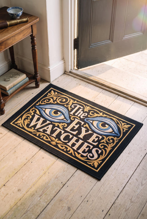 Rectangular black doormat with a low loop polyester pile and black edge trim framed by a thin gold rule, printed flat to imitate raised embroidery. Two almond shaped eyes with layered blue lids, cream whites, and blue irises ringed in gold gaze outward. Cream serif lettering with gold inlines reads THE EYE WATCHES. Gold scrollwork fills each corner, and a small gilded bird with outstretched wings sits at the bottom center.