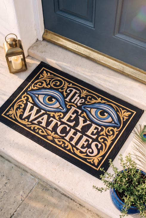 Rectangular black doormat with a low loop polyester pile and black edge trim framed by a thin gold rule, printed flat to imitate raised embroidery. Two almond shaped eyes with layered blue lids, cream whites, and blue irises ringed in gold gaze outward. Cream serif lettering with gold inlines reads THE EYE WATCHES. Gold scrollwork fills each corner, and a small gilded bird with outstretched wings sits at the bottom center.