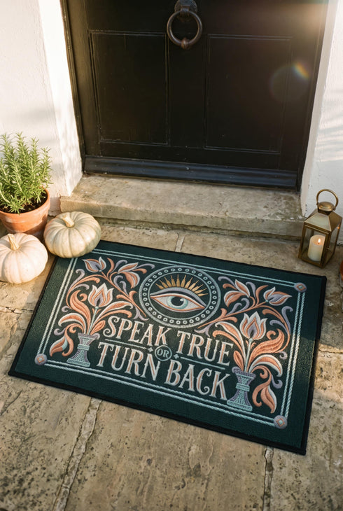 Rectangular doormat with a deep evergreen ground, low loop polyester pile, and black edge trim, printed flat edge to edge to imitate raised embroidery. A central eye with a lavender lid, coral outline, and seafoam iris sits inside a beaded circle under gold sunburst rays. Coral, lavender, and cream folk art tulips rise from seafoam urns on each side. Cream lettering with coral inlines reads SPEAK TRUE OR TURN BACK, framed by a seafoam rope border.
