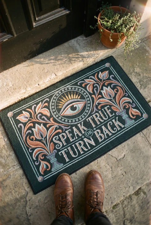 Rectangular doormat with a deep evergreen ground, low loop polyester pile, and black edge trim, printed flat edge to edge to imitate raised embroidery. A central eye with a lavender lid, coral outline, and seafoam iris sits inside a beaded circle under gold sunburst rays. Coral, lavender, and cream folk art tulips rise from seafoam urns on each side. Cream lettering with coral inlines reads SPEAK TRUE OR TURN BACK, framed by a seafoam rope border.