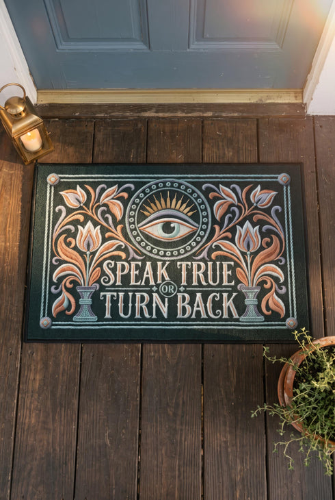Rectangular doormat with a deep evergreen ground, low loop polyester pile, and black edge trim, printed flat edge to edge to imitate raised embroidery. A central eye with a lavender lid, coral outline, and seafoam iris sits inside a beaded circle under gold sunburst rays. Coral, lavender, and cream folk art tulips rise from seafoam urns on each side. Cream lettering with coral inlines reads SPEAK TRUE OR TURN BACK, framed by a seafoam rope border.
