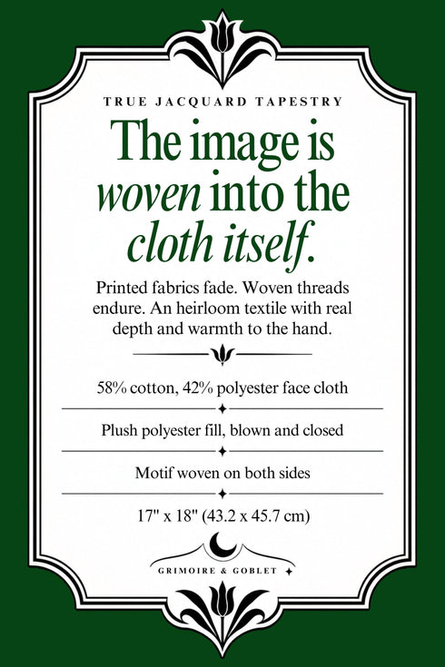 Grimoire and Goblet information card for the woven pillow collection, noting the 17 x 18 inch size, the double sided jacquard weave, the 58 percent cotton and 42 percent polyester face cloth, and the plush polyester fill.