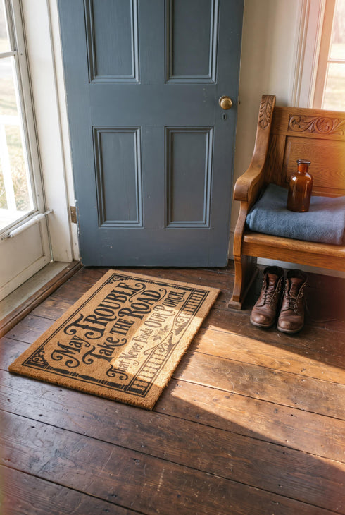 Rectangular natural tan coir doormat, 24 by 16 inches, with squared corners, a bristled tufted coconut fiber surface, and a black vinyl backing. The black artwork is printed into the fibers inside a double line frame. Ornate Victorian lettering reads MAY TROUBLE TAKE THE ROAD THAT NEVER FINDS OUR PORCH. Turned porch posts with scrolled corner brackets stand on each side, a row of balusters runs along the bottom, and a small winding road and magnolia blossom sit at the center.