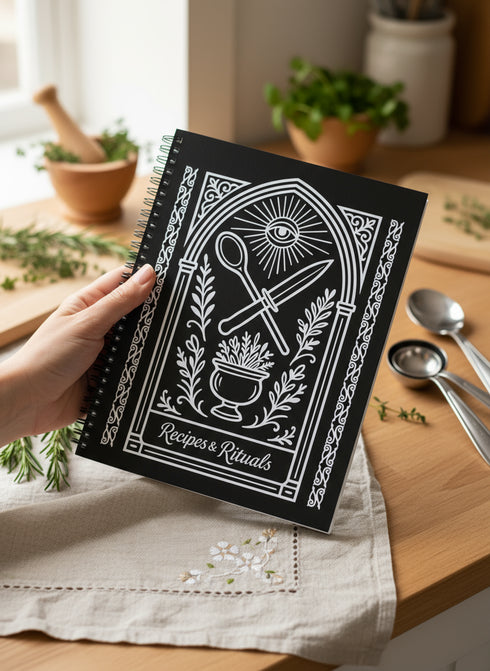 A black spiral-bound hardcover recipe journal lies flat. The cover is matte black with a white line-art design titled "Recipes & Rituals." The art nouveau style illustration features an all-seeing eye under a sunburst, framed by an ornate arch. Below the eye, a crossed spoon and knife are centered above a mortar and pestle filled with herbs. The entire design is bordered by intricate botanical flourishes. The notebook is 8.5 x 11 inches with a wire-o binding, a lay-flat cookbook for kitchen use.