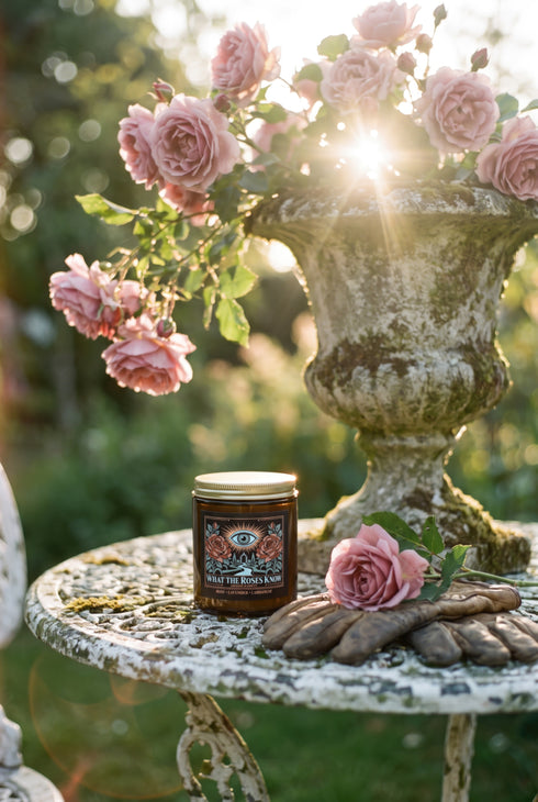 A 9 oz amber glass jar candle with a brushed gold screw lid and a wraparound black label. The label shows an all-seeing eye radiating peach and gold rays above a winding garden path that leads through slender cypress trees to an arched gate, flanked by two dusty coral roses on sage green stems, inside a fine copper border. Cream serif text reads What the Roses Know, Grimoire & Goblet, and Rose, Lavender, Labdanum. A romantic, witchy, art nouveau garden design.