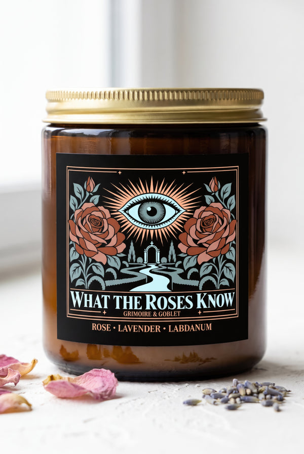 A 9 oz amber glass jar candle with a brushed gold screw lid and a wraparound black label. The label shows an all-seeing eye radiating peach and gold rays above a winding garden path that leads through slender cypress trees to an arched gate, flanked by two dusty coral roses on sage green stems, inside a fine copper border. Cream serif text reads What the Roses Know, Grimoire & Goblet, and Rose, Lavender, Labdanum. A romantic, witchy, art nouveau garden design.