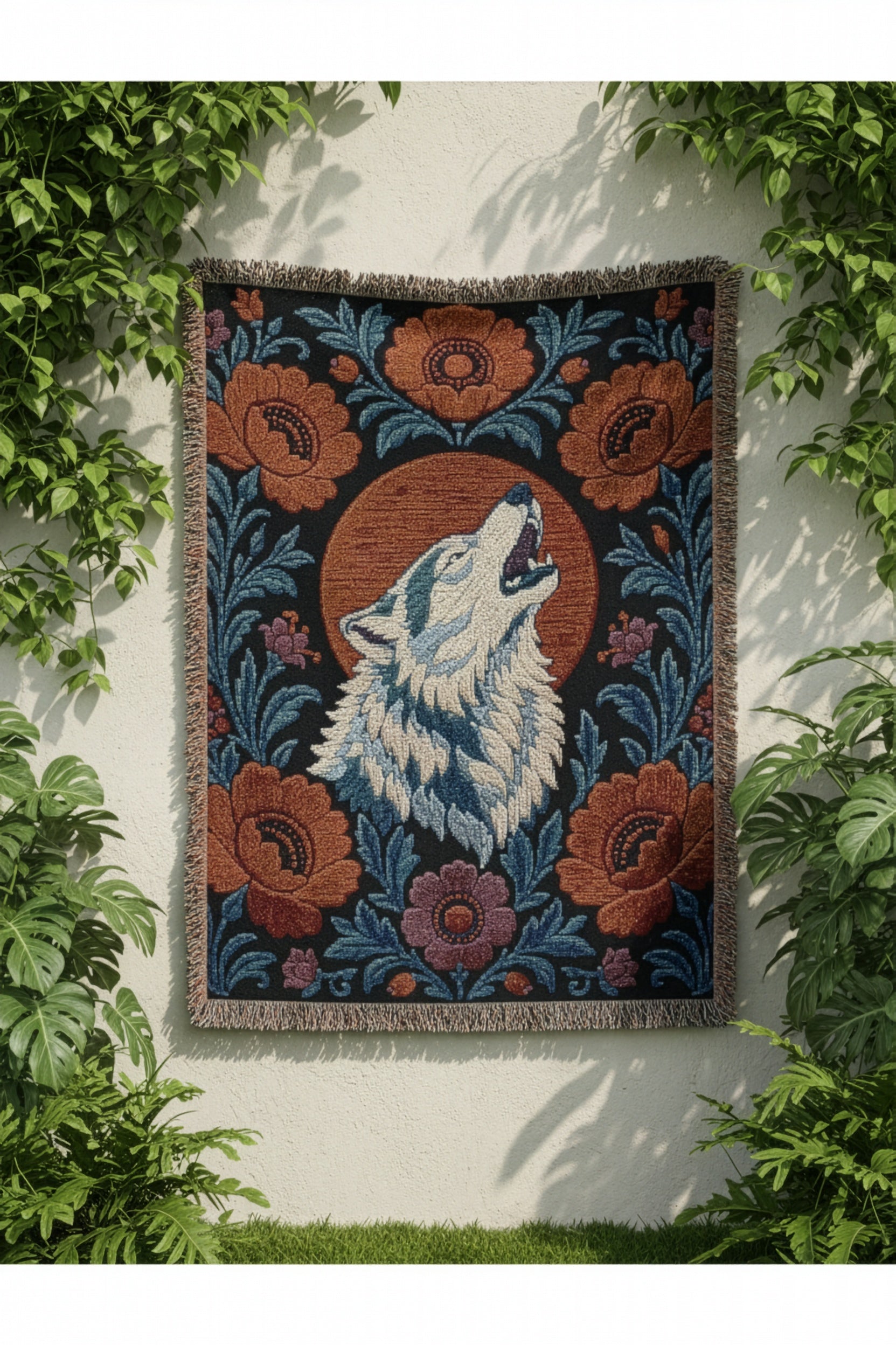 Dark Cottagecore Wolf Woven Blanket | Nordic Folk Art | Cotton